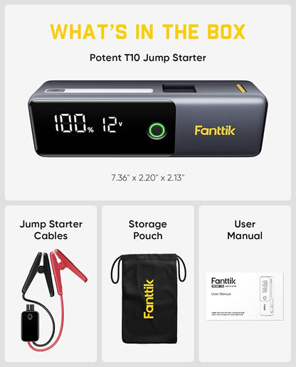 Fanttik Potent T10 1800A Portable Jump Starter, 12000mAh Power Bank, 12V Safe Lithium Jump Box with Smart SenseClamp, Retractable Charging Cable, Battery Booster for 7.0L Gas and 5.0L Diesel Engines