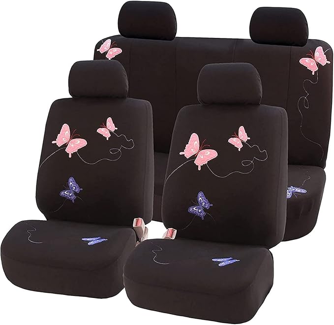 FH Group Full Set Butterfly Cloth Car Seat Covers - Universal Fit, Low Back Front Seat Covers, Solid Back Seat Cover, Washable Seat Cover for SUV, Sedan, Van, Black