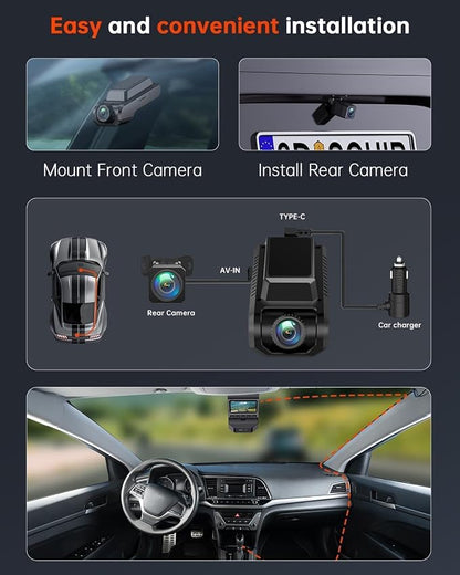 Dash Cam Front and Rear, 4K Ultra HD+1080P Dash Camera for Cars, Built-in Wi-Fi GPS, Included 32GB Card, 2.0'' IPS Screen Mini Car Camera, App, Night Vision, 170°Wide Angle, 24H Parking Mode