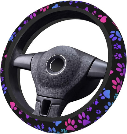 Paw Print Steering Wheel Cover for Women, Universal Auto Steering Wheel 14-15 Inch Car Interior Accessories with 2PCS Car Coasters, Suitable for Men and Women