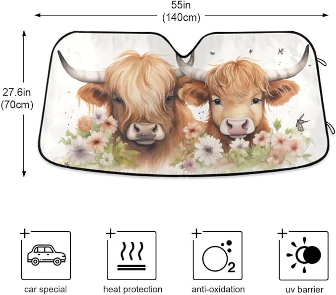 Car Windshield Sun Shade Highland Cows Flower Foldable UV Ray Sun Visor Protector Sunshade to Keep Your Vehicle Cool 55" x 27.6"