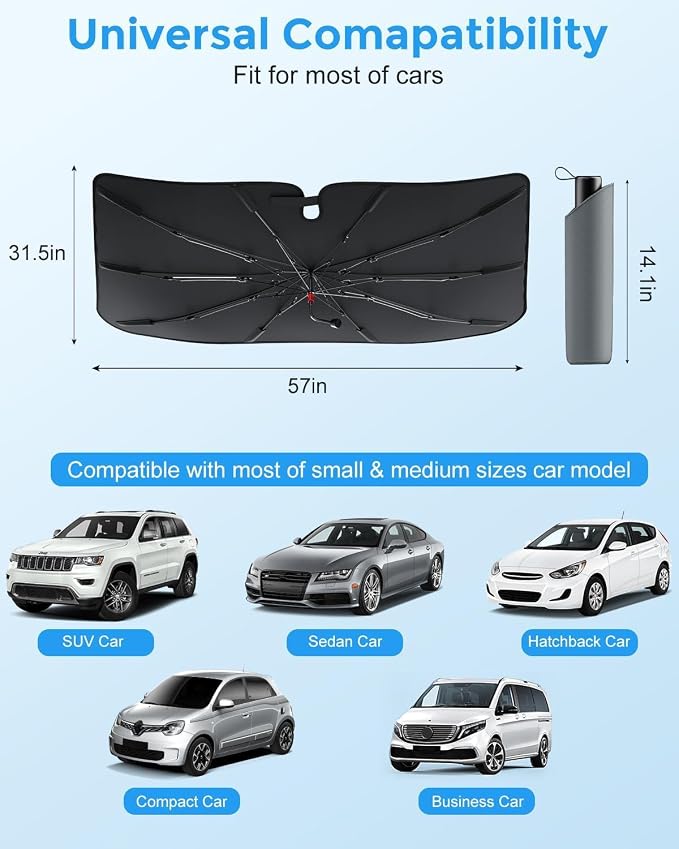 2026 Upgraded Car Windshield Sun Shade Umbrella, UV & Heat Block, Foldable Front Window Cover – Keep Interior Cooler, Protect Dashboard & Seats – Universal Fit for SUV, Truck, Sedan (57"x31.5")