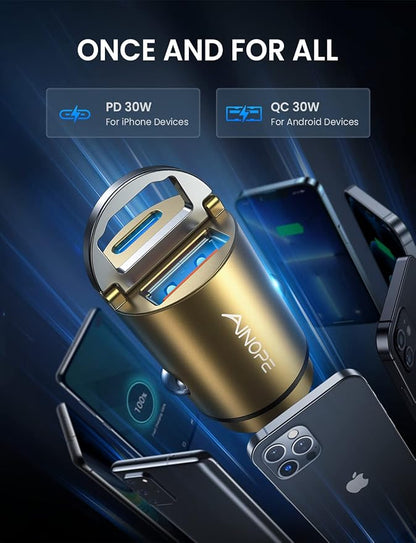 AINOPE 60W USB C Car Charger Fast Charging for iPhone 17 Pro Max Plus,[Smallest Metal] Car Charger USB C PD30+QC30W 3.0 Dual Port Cigarette Lighter Charger for iPhone 16 15 Samsung, Gold Kits