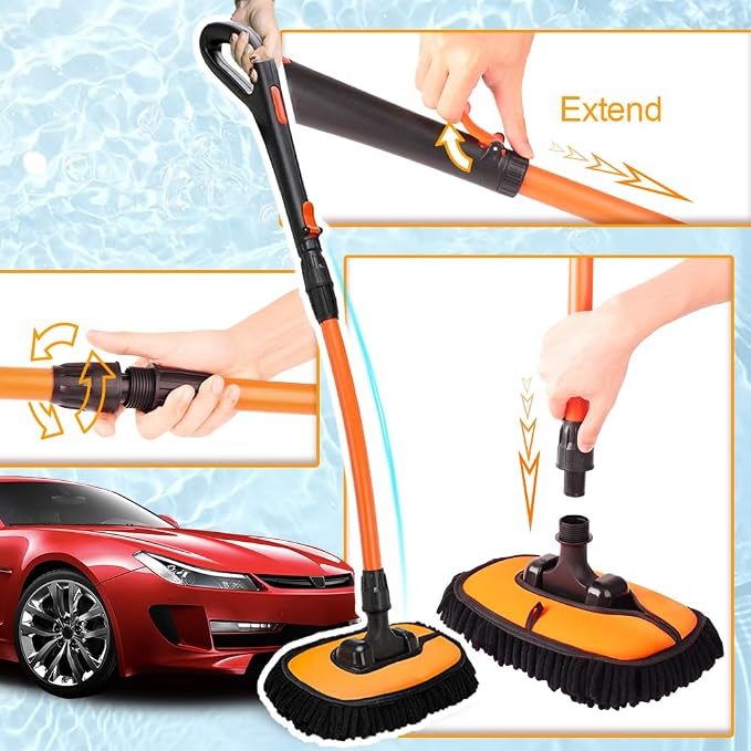 Car Wash Brush with Long Handle, Chenille Microfiber Car Wash Mop Kit, Scratch Free Car Cleaning Supplies with Ergonomic 15掳 Curved Extension Pole for RV Truck Boat Windshield - Orange