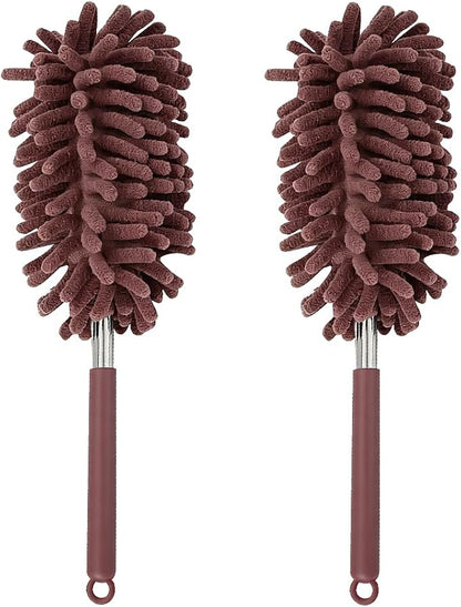 Zpana 2PCS Car Interior Duster with Extension Pole, Soft Chenille Retractable Washable Dash Detailing Cleaner, Auto Window Cleaning Brush Duster for Interior Exterior, Universal Fit (Coffee)