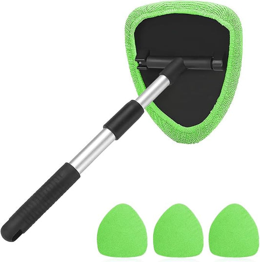 Windshield Cleaning Tool, Car Window Cleaner with Extendable Long Handle and 4 Washable Reusable Microfiber Pads, Auto Interior Exterior Glass Wiper Cleaning Kit Universal for Office and Home (Green)