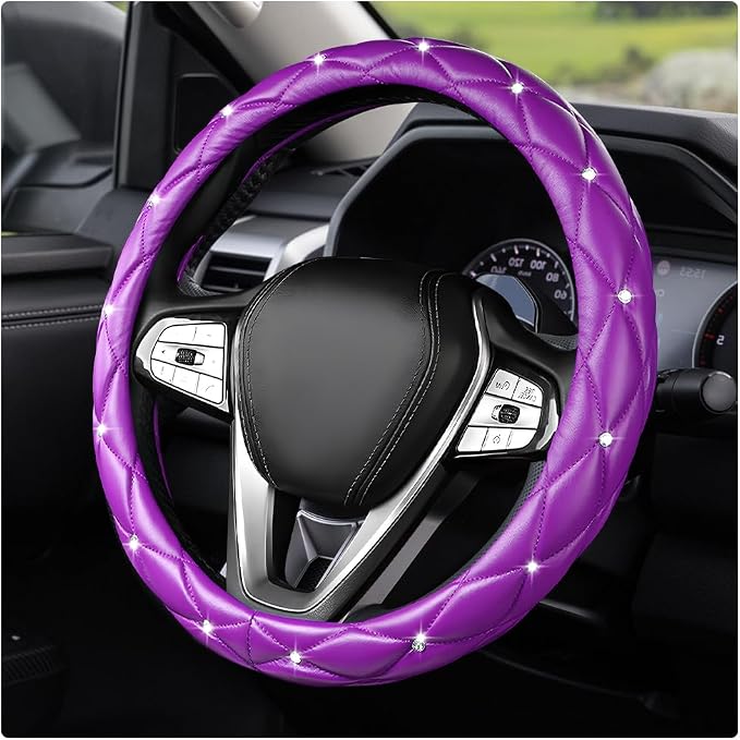 Bling Car Steering Wheel Cover, 15 Inch Diamond Leather Anti-Slip Auto Steering Wheel Protector, Cute Sparkly Rhinestones Wheels Cover Automotive Decoration for Women Girl (Purple)