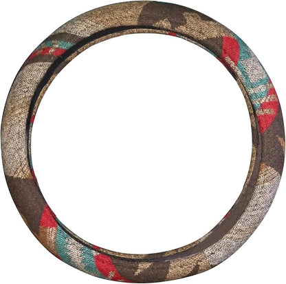 Universal 15inch Ethnic Style Baja Blanket Steering Wheel Cover with Coarse Flax Cloth and Sweat Absorption Anti Slip Car Wrap (Boho Brown)