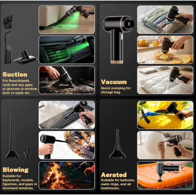 Cozylady Handheld Car Vacuum Portable Cordless, High Power 6 in 1 Vacuum Cleaner & Air Duster & Air Blower with 4000mAh Brushless Motor and Multi-Nozzles for Car, Home, Office, Camping, Pet (25kpa)