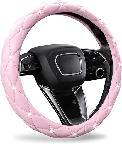 SuperKaKa Pink Steering Wheel Cover 2026, Auto Cute Diamond Bling Comfort Leather Girly Car Interior Accessories Protector Sparkly Automotive Decoration for Women Girl Coquette