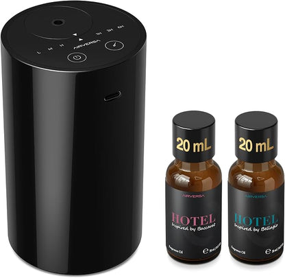 Airversa Waterless Essential Oil Diffuser Starter Kit with 2x20mL Hotel Fragrance Oils, Cordless Nebulizer for Car Home Office, Up to 600 sq ft, Mist/Timer Settings, Baterry Operated, AN8Kit-B, Black