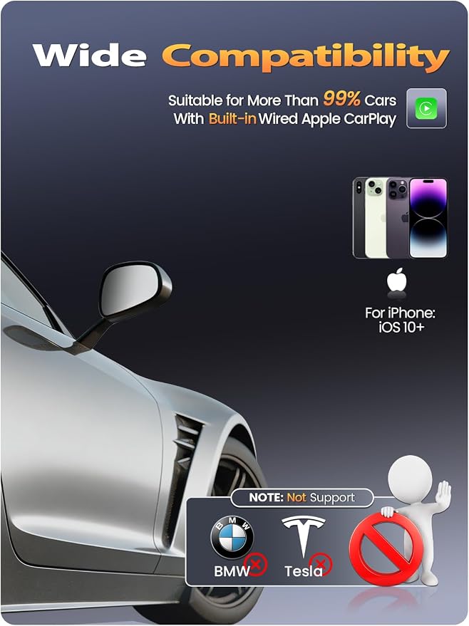Wireless CarPlay Adapter for Apple iPhone – Converts Wired to Wireless, Gold-Plated USB Bluetooth Dongle, No Lag for Long Drives, Plug & Play for Cars from 2016 with Factory CarPlay