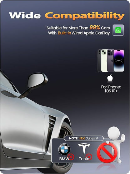 Wireless CarPlay Adapter for Apple iPhone – Converts Wired to Wireless, Gold-Plated USB Bluetooth Dongle, No Lag for Long Drives, Plug & Play for Cars from 2016 with Factory CarPlay