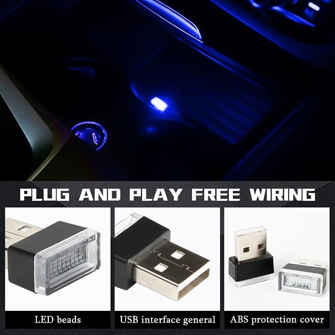 deemars 2PCS USB LED Car Interior Atmosphere Lamp, Car Night Lights, Mini USB LED Decoration Light Ambient Interior Light, Car Accessories Plug-in Interface Ambient Lighting Kit for Most Cars
