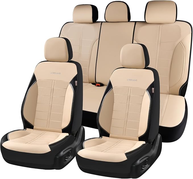 Coverado Full Set Leather Car Seat Covers, Crafted with Full Leather Construction and Carbon Fibre Weave Universal Fit for Most Cars SUV Trucks(Beige