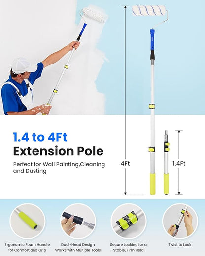 33PCS Complete Paint Roller Kit with Extension Pole & Carry Bag, 2-4 FT Painting Supplies Set with 9" & 4" Microfiber Rollers, Brushes, Tray & Tape for Walls, Ceilings & DIY Room Repainting