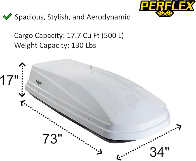 Perflex Exclusive Rooftop Cargo Box Carrier Large 17.7 Cubic Feet Car Top Mount Travel Luggage Storage, Dual Side Opening, 130 Lbs Weight Capacity, Extra Keys, Straps (White)