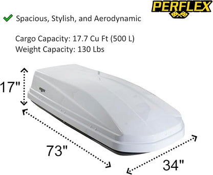 Perflex Exclusive Rooftop Cargo Box Carrier Large 17.7 Cubic Feet Car Top Mount Travel Luggage Storage, Dual Side Opening, 130 Lbs Weight Capacity, Extra Keys, Straps (White)