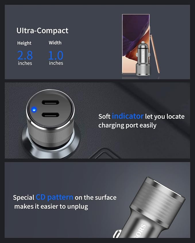 Dual 45W USB C Car Charger, 90W Max Super Fast Charging, All Metal 12V Cigarette Lighter Adapter for iPhone 17 Pro Max/16/15/iPad, Samsung Galaxy S26+/S25, Google Phones with 2 Type C Cable 3.3ft Gray