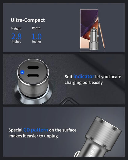 Dual 45W USB C Car Charger, 90W Max Super Fast Charging, All Metal 12V Cigarette Lighter Adapter for iPhone 17 Pro Max/16/15/iPad, Samsung Galaxy S26+/S25, Google Phones with 2 Type C Cable 3.3ft Gray