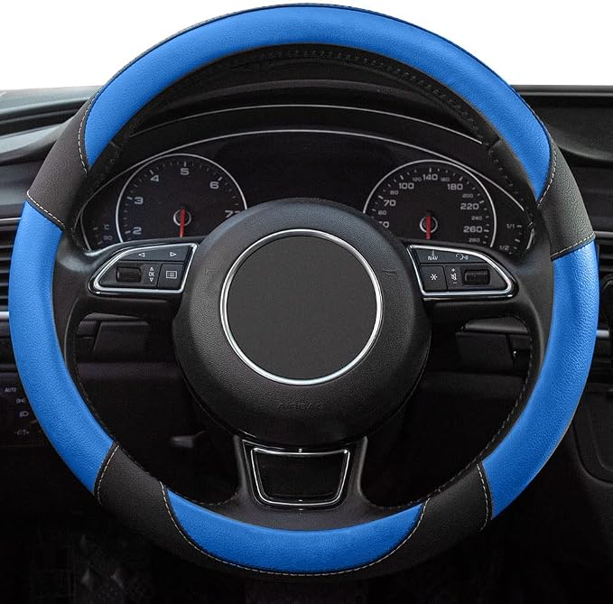 Black and Blue Microfiber Leather Steering Wheel Cover，Universal 15 inch Steering Wheel Covers for Car Truck SUV，Breathable, Anti Slip & Odor Free(Black+Blue)…