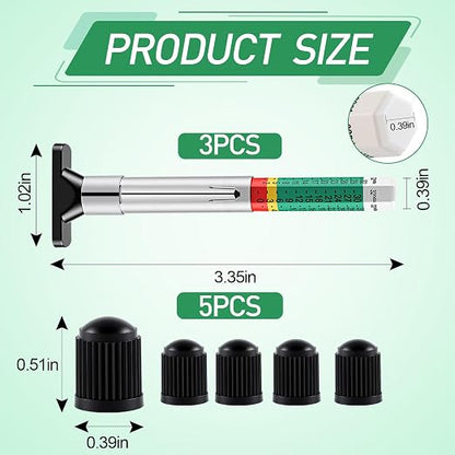 3-Pcs Tire Tread Depth Gauge in 1/32 Inch, Color Coded Tire Depth Gauge with Pocket Clip, Tread Depth Accurate Measurement Tools for Car, Trucks, SUV, Motorcycle, Bike (with 5Pcs Tire Valve Stem Caps)