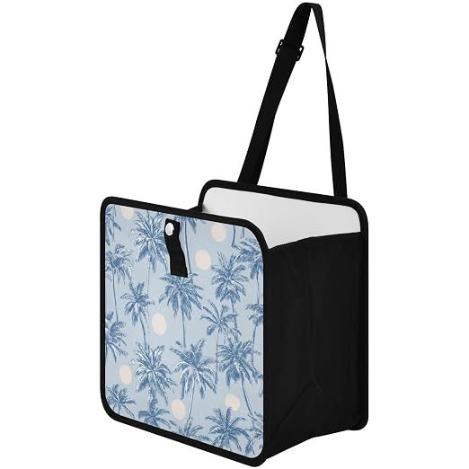 Car Trash Can Organizer Bin with Adjustable Strap for Back Front Seat Console Waterproof Leakproof Collapsible Portable 8.66 Inch Light Blue Palm Trees and Sun