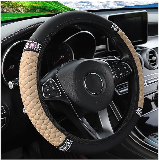 Osilly Bling Car Steering Wheel Cover, 15 Inch Rhinestones Soft Leather Elastic Steering Wheel Protector, Sparkly Crystal Diamond for Women Girls (Beige)