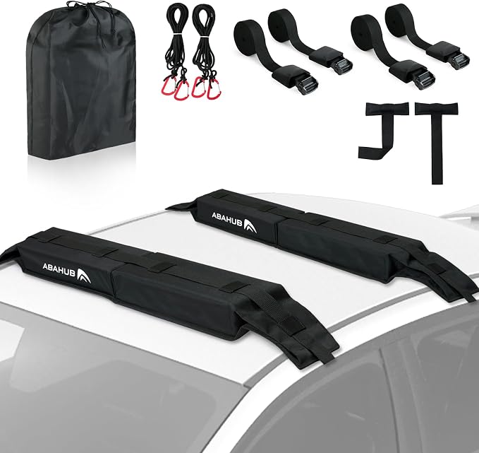 Abahub Soft Roof Rack Pads with 2 Tie Down Straps, 2 Tie Down Ropes, 2 Hood Loops and Storage Bag, for Surfboard, Kayak, Canoe, Heavy Duty Universal Car Roof Racks System Black 32 Inch
