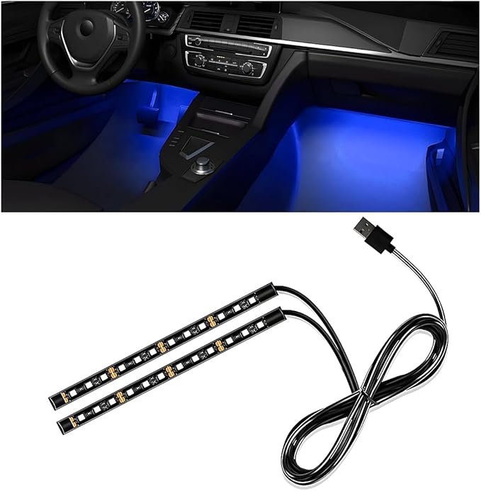 Wevdn Car Interior LED Strip Light, 12V 24 LED Waterproof Neon Ambient Night Light with USB Port, Automotive Atmosphere Decorative Under Dash Lighting Kit, Car Accessories (Blue)