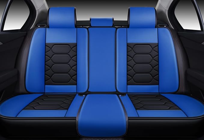 OASIS AUTO Car Seat Covers Full Set, Sporty Faux Leather with Honeycomb Pattern, Waterproof Universal Fit for SUV, Sedan, Pick-up Truck, Automotive Interior Accessories (OS-004 Black&Blue)