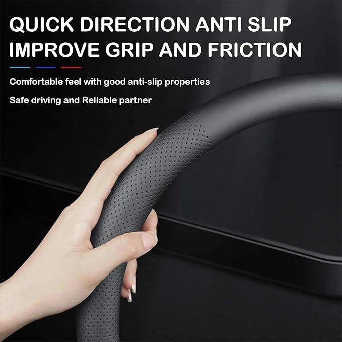 Tricolor Stripes D-Type Steering Wheel Cover, Cute Steering Wheel Cover for Women, 14.5-15 Inch Non-Slip Breathable Microfiber Car Steering Wheel Protector