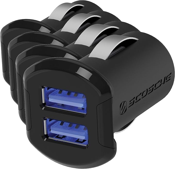 Scosche USBC242M Revolt Universal Cigarette Lighter Multi Device Compact Dual Port USB Car Charger, Fast Charge Two Devices Simultaneously, Black (Pack of 4)