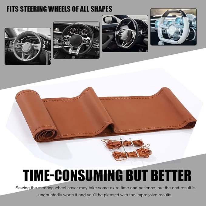 Wevdn Genuine Leather Steering Wheel Cover, Stitch on Wrap, DIY Sewing Steering Wheel Protector, 15 Inch Breathable Non-Slip Steering Wheel Protector, Car Accessories (Brown, Glossy)