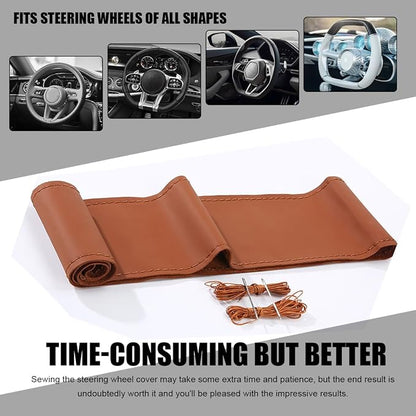 Wevdn Genuine Leather Steering Wheel Cover, Stitch on Wrap, DIY Sewing Steering Wheel Protector, 15 Inch Breathable Non-Slip Steering Wheel Protector, Car Accessories (Brown, Glossy)