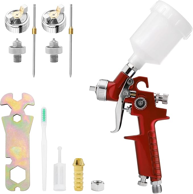 Mini HVLP Air Spray Gun Kit, with 0.8mm & 1.0mm Nozzles&125cc Cup, Small Automotive Paint Sprayer, Paint Guns Touch Up Detail Spot Repair, for House Painting, Furniture, Cars (Red)