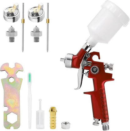Mini HVLP Air Spray Gun Kit, with 0.8mm & 1.0mm Nozzles&125cc Cup, Small Automotive Paint Sprayer, Paint Guns Touch Up Detail Spot Repair, for House Painting, Furniture, Cars (Red)