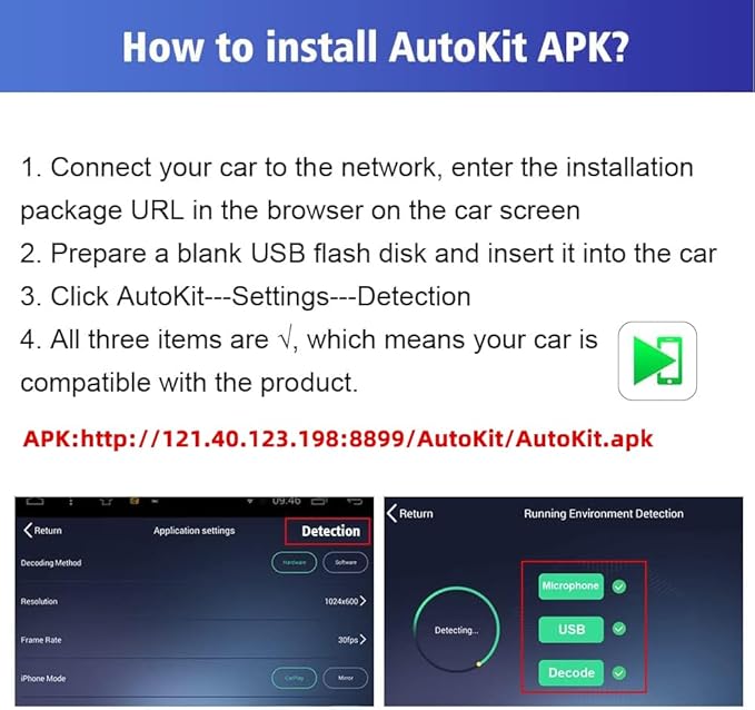 Carlinkit Wireless CarPlay USB Adapter Only Compatible with Android car radios. only for Android Version 4.4.2 or Above. APK Must be Successfully Installed Before use. Model:CPC200-CCPA