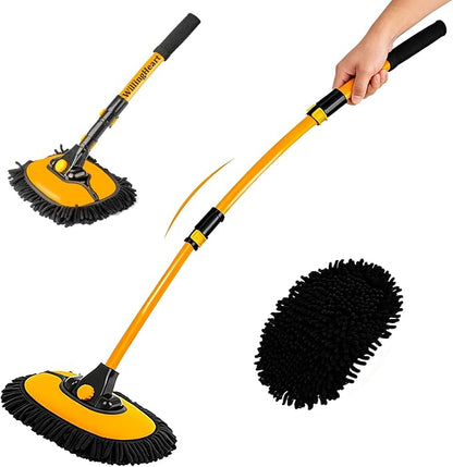 WillingHeart 15° Curved Car Wash Brush with Long Handle 43" Extension Pole RV Truck Microfiber Cleaning Mop Auto SUV Wheel Boat Exterior Interior Detailing 2 in 1 Carwash Duster Not Hurt Paint, Yellow