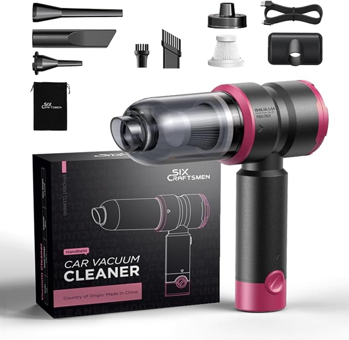 Handheld Car Vacuum Cleaner, 4-in-1 Cordless Rechargeable Mini Vacuum with Air Duster – Quickly Clean Crumbs, Pet Hair & Crevices in Car, Office, Home. Ideal for Commuters & Office Workers (Pink)