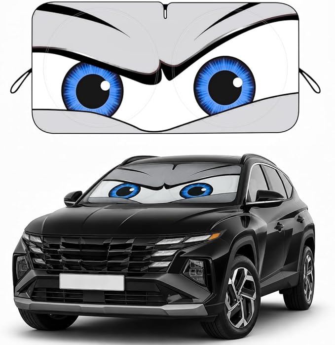 Car Windshield Sun Shade, Funny Eyes Car Sun Shade, Windshield Cover Universal Fits Crossover Mid-Large Sedan SUV Family Vehicle,UV Heat Protection - 63 x 31.5