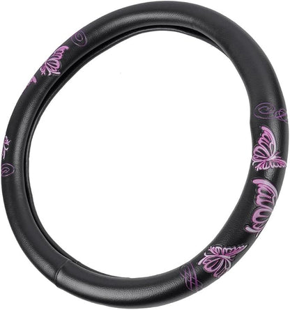 BDK Design Comfort Grip Steering Wheel Cover for Car SUV Van and Truck, 15 inch Standard Size, Pink Butterflies