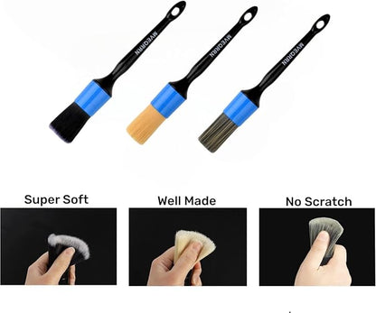 MVEQRRN 3pcs Car Detailing Brush Set-1pcs Boars Hair Car Detailing Brushes,1pcs Ultra Soft No Scratch Detailing Brush for Air Vent,Leather Seat 1pcs auto Detail Brushes for Interior Exterior(Blue)