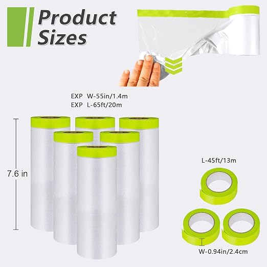 Pre-Taped Masking Film-55inx65ft Tape and Drape Painters Paper Rolls, Plastic Painting Film for Automotive Painting Covering （Masking Film:6rolls,Tape:3rolls）