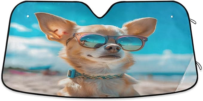 Windshield Sun Shade Chihuahua Dog Summer Beach Front Window Block UV Shades Visor Reflective Retractable for Car SUV Trucks