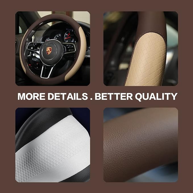Steering Wheel Cover, Microfiber Leather Splicing with Classic Embossing,Contrasting Colors Anti-Slip Breathable Auto Car Steering Wheel Cover Fit 15 Inch Car Wheel Protector (Coffee&Beige)
