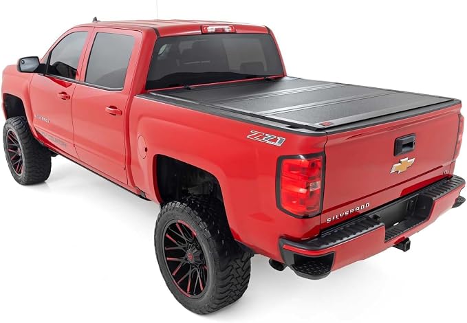 Rough Country Hard Tri-Fold Truck Bed Tonneau Cover for Chevy Silverado & GMC 1500/2500HD/3500HD (2014-2019) - Aluminum Flip-Up Bed Cover, Fits 6'7 (78.8-78.9") Bed w/Rail Caps