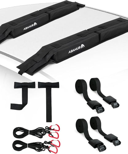 Abahub Soft Roof Rack Pads with 2 Tie Down Straps, 2 Tie Down Ropes, 2 Hood Loops and Storage Bag, for Surfboard, Kayak, Canoe, Heavy Duty Universal Car Roof Racks System