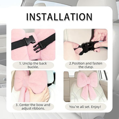 Sexysamba 2 Pcs Plush Bow Car Headrest Neck Pillow Cute Bow Pillow for Car Seat Décor Soft Neck Support for Comfortable Driving Traveling Office Fluffy Head Rest Cushion, Pink