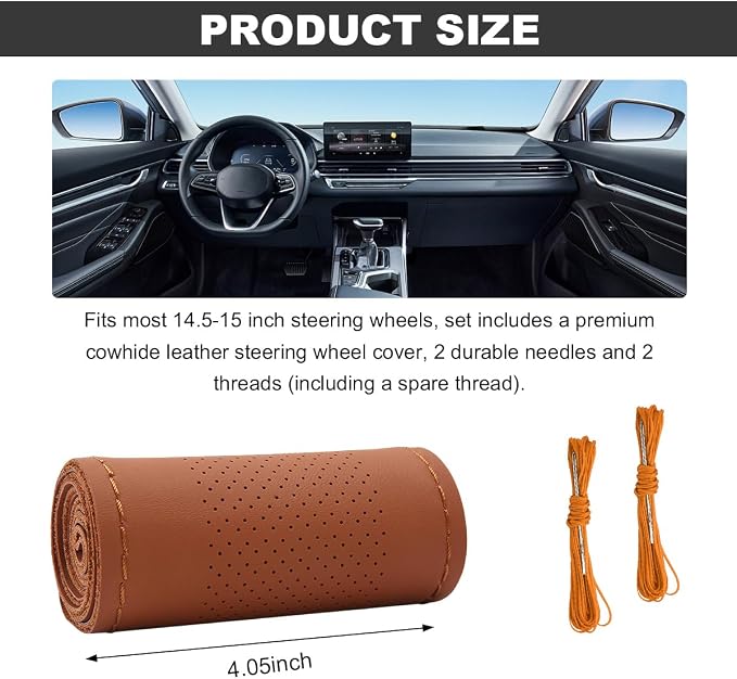 Wevdn Genuine Leather Steering Wheel Cover, Stitch on Wrap, DIY Sewing Steering Wheel Protector, 15 Inch Breathable Non-Slip Steering Wheel Protector, Car Accessories (Brown, Middle Hole)